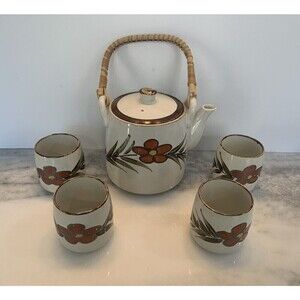 Vintage OTAGIRI Hand Crafted Stoneware Tea pot Set MCM Teapot & 4 Cups Ratta…